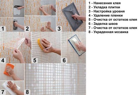 Процесс укладки плитки и мозаики